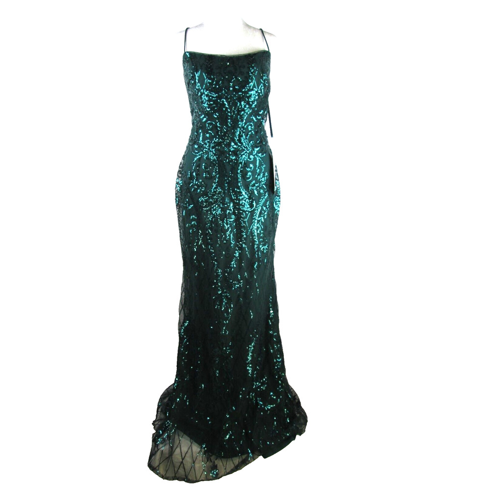 Prom Girl Dress Women 12 Forest Green Maxi Sequins Train R205